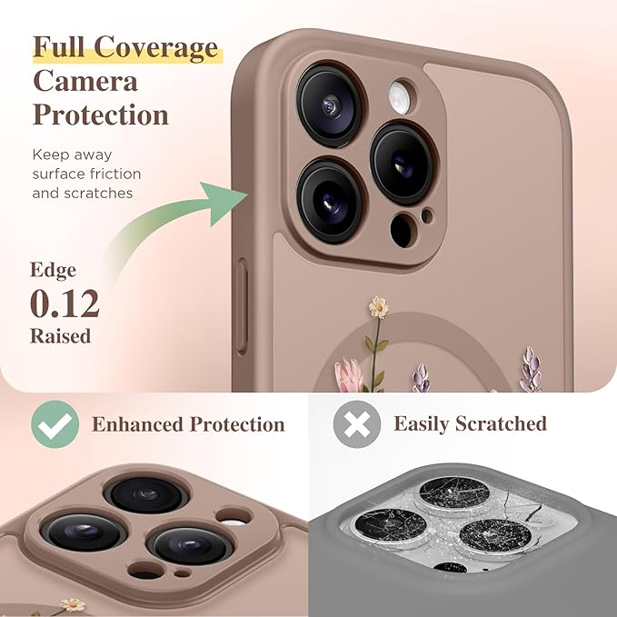 GVIEWIN for iPhone 16 Pro Case Compatible with MagSafe, [Military Grade Protection] [Screen Protector] Full Camera Protection Floral Translucent Women Magnetic Phone Case, Primrose/Brown