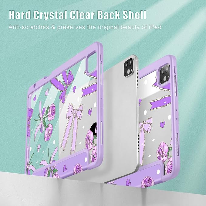 Tuiklol for iPad Pro 12.9 Inch 6th/5th/4th/3rd Generation 2022 2021 2020 2018 Case,Built-in Pencil Holder Clear Transparent Protective Back Shell Cover with Auto Sleep/Wake, Bow & Rose Purple