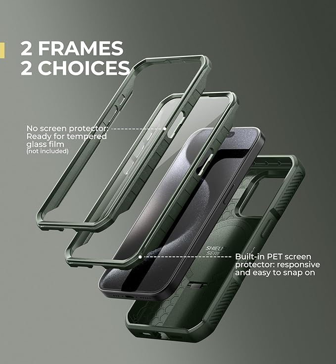 Dexnor for iPhone 15 Pro Case with Slide Camera Cover & Adjustable Kickstand & Built-in Screen Protector, Magnetic Rugged Shockproof Bumper Cases Heavy-Duty Magnetic Protective Cover,Army Green