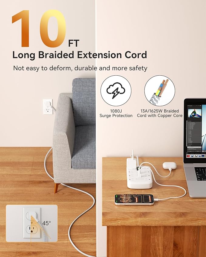 10Ft Extension Cord with Multiple Outlets, Flat Plug Surge Protector Power Strip 10 Ft Long Cord, 8 Outlets & 6 USB (3 USB C), Desk Charging Station for Home Office, College Dorm Room Essentials