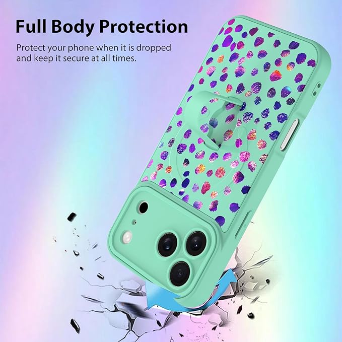 KANGHAR Compatible with iPhone 17 Pro Case, Support for MagSafe, Silicone Cute Iridescent Pattern Leopard Print Cheetah, Wristband Kickstand Shockproof Soft Slim Cover for Girls Women, Green