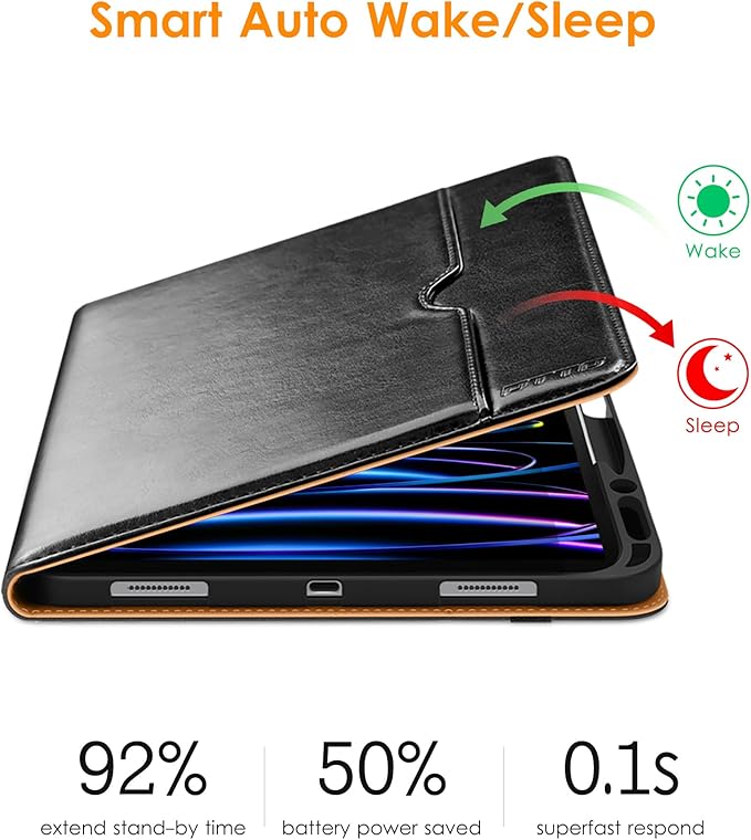 DTTO for iPad Pro 12.9 6th / 5th / 4th / 3rd Generation Case 2022/2021/2020/2018, Premium Leather Folio Stand Cover with Built-in Apple Pencil Holder -Auto Wake/Sleep and Multi Viewing Angles,Black