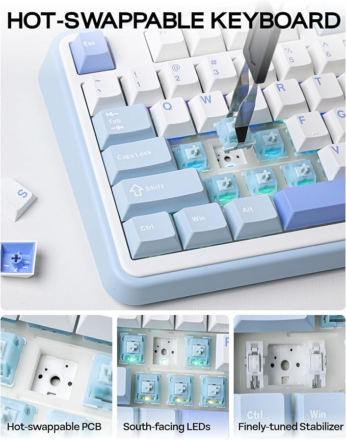 EPOMAKER TH99 Tri-Mode Wireless Mechanical Keyboard with 8000mAh Battery, Hot Swappable Custom RGB Gaming Keyboard with Numpad, Gasket Creamy for PC/Mac/Office (Blue&White, Sea Salt Silent)