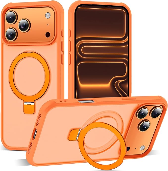 SKYLMW Compatible with iPhone 17 Pro Max Case with Invisible Magnetic O-Ring Stand Military-Grade Translucent Case for iPhone 17 ProMax 6.9" [Compatible with Mag-Safe][Great Grip Feeling],Orange