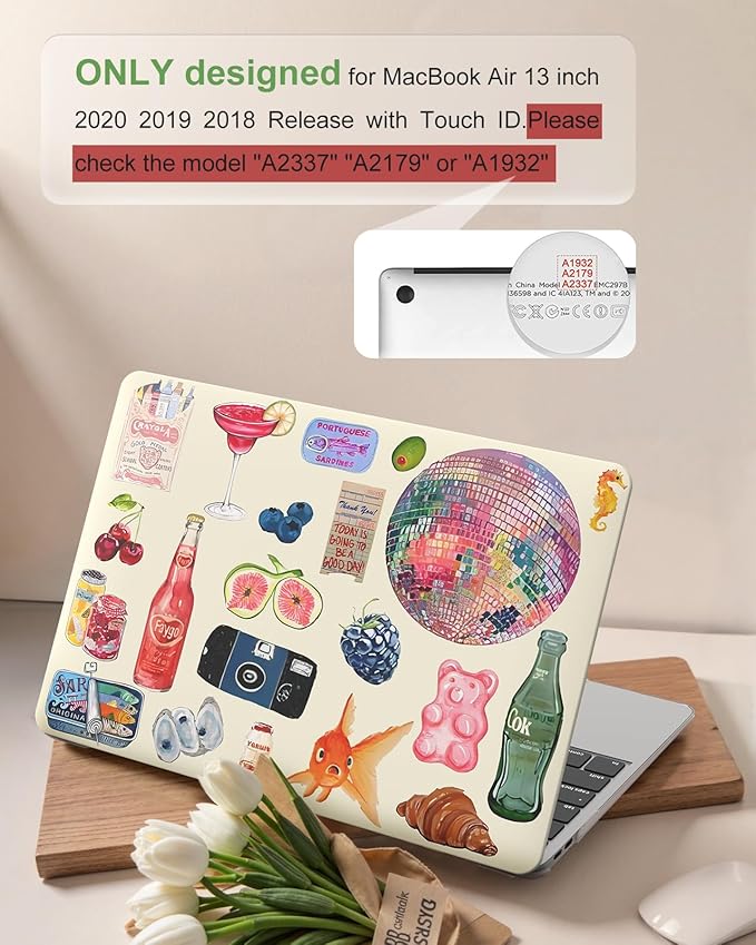 iCasso Compatible with MacBook Air 13 inch Case 2020-2018 Release A2337 M1 A2179 A1932, Cute Protective Plastic Hard Shell Case+Keyboard Cover for Mac Air 13.3,Vintage Stickers