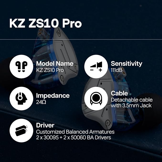 Linsoul KZ ZS10 Pro, 4BA+1DD 5 Driver in Ear Monitor, HiFi Wired Earbuds, Gaming Earbuds, Hybrid IEM Earphones with Stainless Steel Faceplate, Detachable Cable for Musician (Without Mic, Blue)