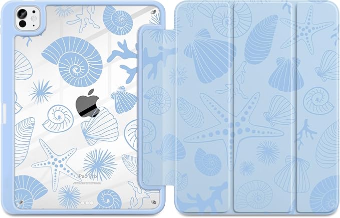 Case for iPad Pro 11 inch (M5) 2025 (M4) 2024 Release Slim Lightweight Cute Light Blue Cover with Clear Back TPU Edge Pencil Holder Trifold Stand, Starfish and Shells