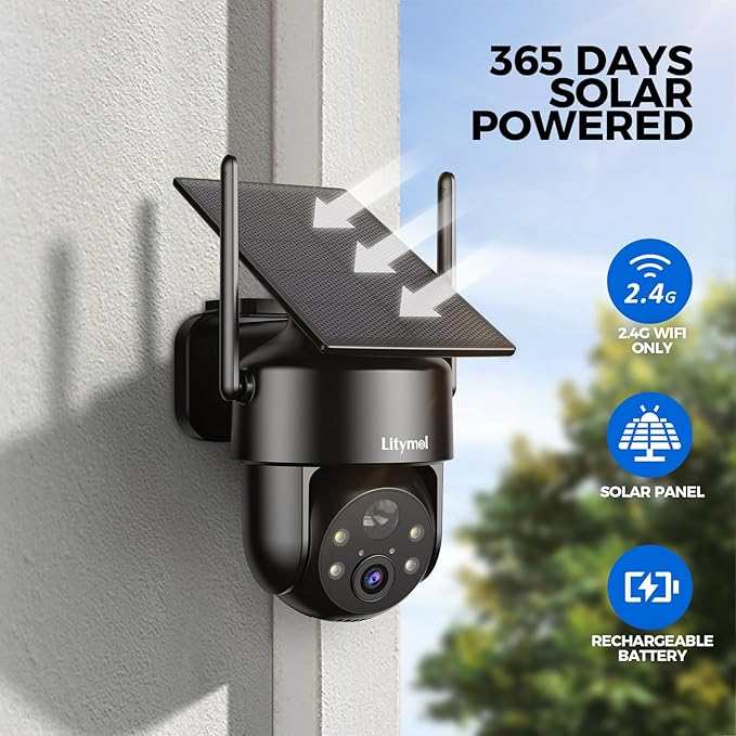 LITYMOL 2K 2.4g WiFi Security Cameras Wireless Outdoor, 360° View Solar Cameras for Home Security, Color Night Vision, AI Detection, 2-Way Audio, Spotlight Siren Alarm, SD/Cloud Storage