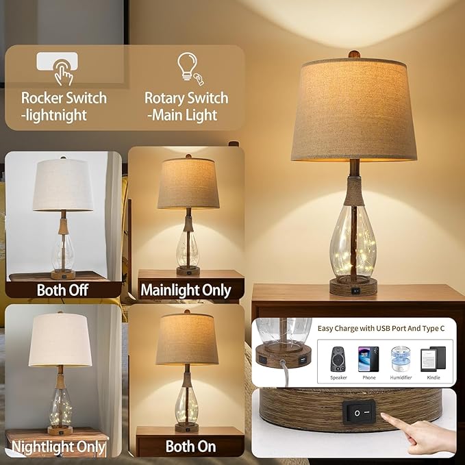 OYEARS Bedside Table Lamps Set of 2 with USB, Farmhouse Bedside Lamps Retro Farmhouse Rattan Glass Nightstand Nightlight Lamps for Bedroom Living Room Dorm,Two Light Points