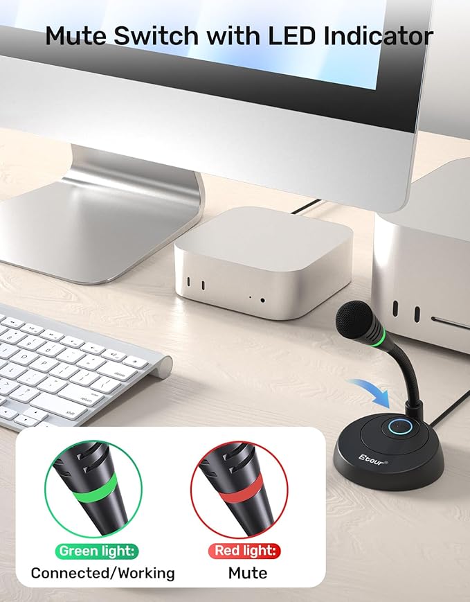 Mic for Mac mini m4, USB C Microphone, Plug &Play Desktop Cardioid Condenser External Small Computer Mic for Laptop, Mute Button, for Windows, MacBook Pro/Air, for Recording, Dictation/Meeting