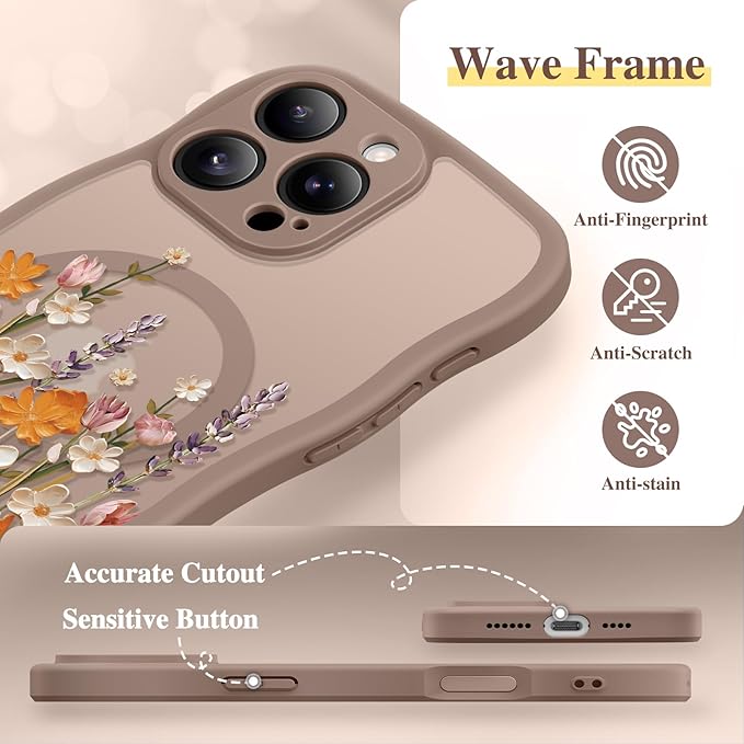 GVIEWIN for iPhone 16 Pro Max Case Compatible with MagSafe [Curly Wave Edge][Full Camera Protection] Floral Translucent Shockproof Magnetic Women Phone Case for 16 Pro Max, Primrose/Brown