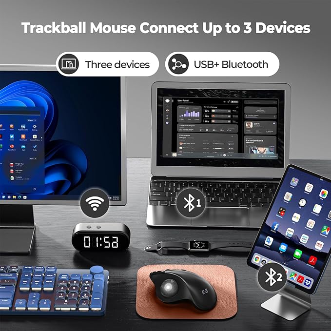 seenda Wireless Trackball Mouse, Ergonomic Bluetooth Rollerball Mouse Rechargeable, 3 Device Connection Optical Mice Adjustable DPI Thumb Control Mice Compatible for PC/Laptop/Windows/Mac - Black