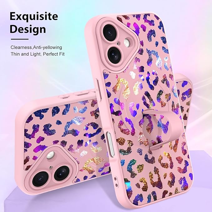 KANGHAR Compatible with iPhone 16 Case, Support for MagSafe, Silicone Cute Iridescent Leopard Cheetah Pattern, Wristband Kickstand Shockproof Protective Slim Cover for Women Girls, Pink