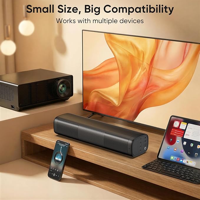 Saiyin Sound Bar for Smart TV, 11.7-inch Soundbar with Bluetooth 5.3/Optical/Auxiliary Inputs, Small Size & Big Power, 48W Peak Power Compact Sound Bar for TV, PC, Gaming, and Projectors