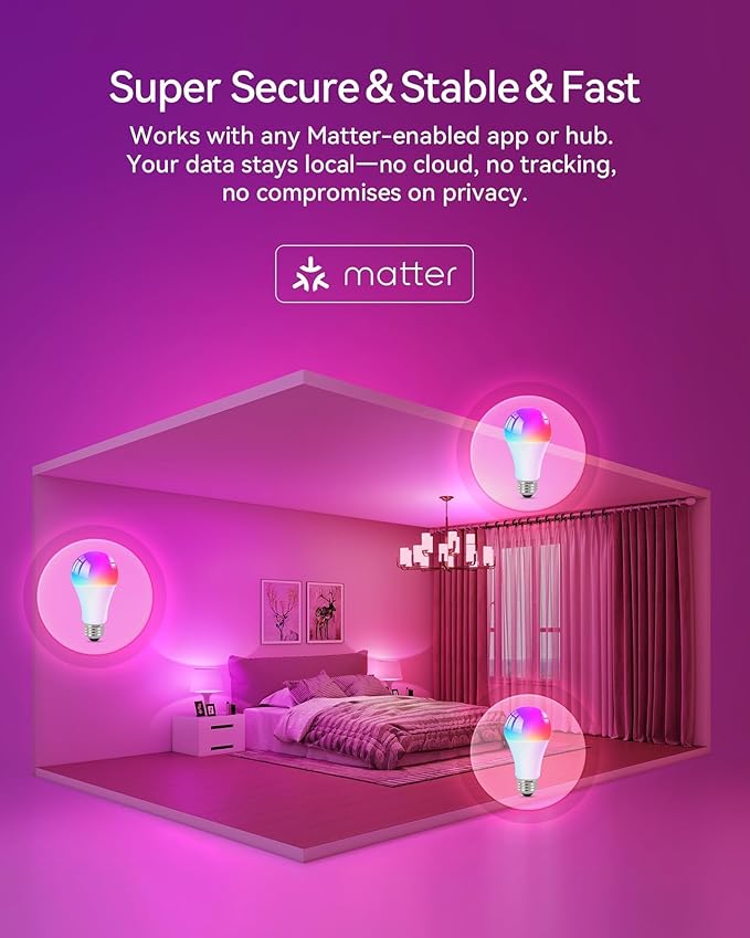 Matter Smart Light Bulbs, Color Changing Light Bulb, hub Required, A19 60W,2.4Ghz WiFi only,Compatible with Alexa Google Assistant, Apple Home,16 Million Colors RGBCW 800 Lumen,6 Pack
