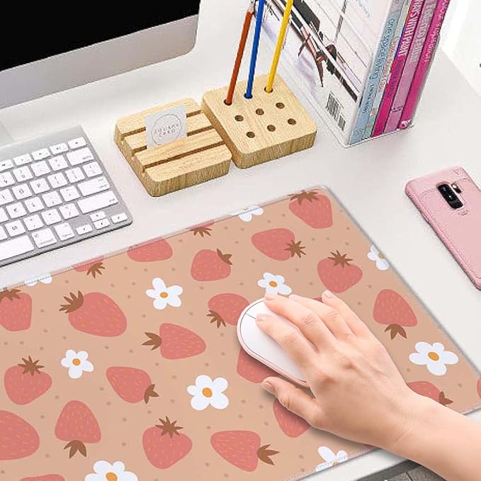 Strawberry and Daisy Pattern Desk Pad Pink Large Mouse Pad Gaming Mousepad Extended XL Keyboard Pad 31.5 x 11.8 in Laptop Computer Mouse Keyboard Mat for Office Desk Decor