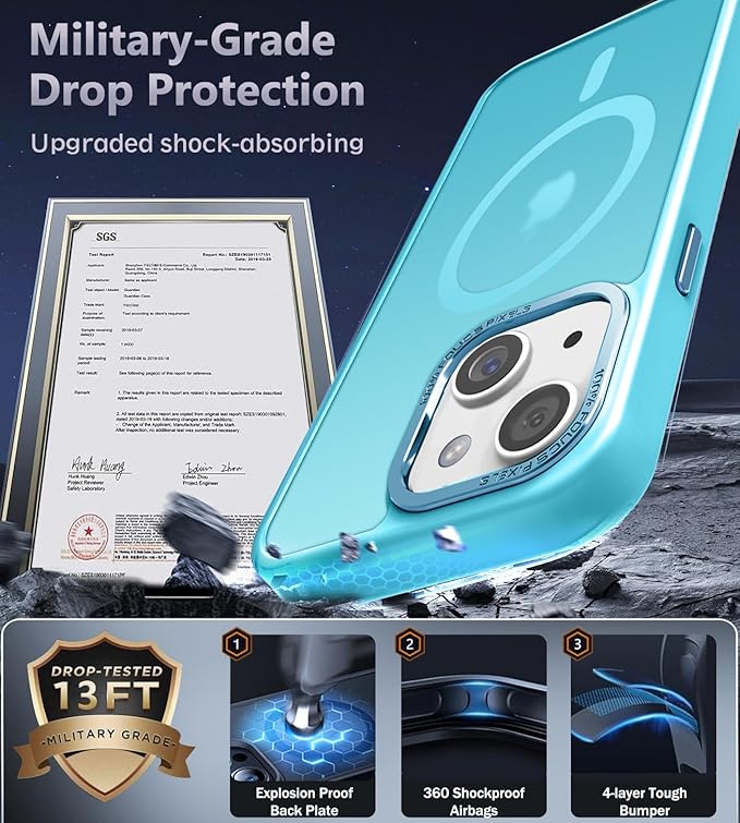 Newfuture Magnetic for iPhone 15 Case [Compatible with Magsafe] [Military Grade Drop Protection] Translucent Matte Anti-Fingerprint Shockproof Phone Case for iPhone 15 6.1 inch, Lake Blue