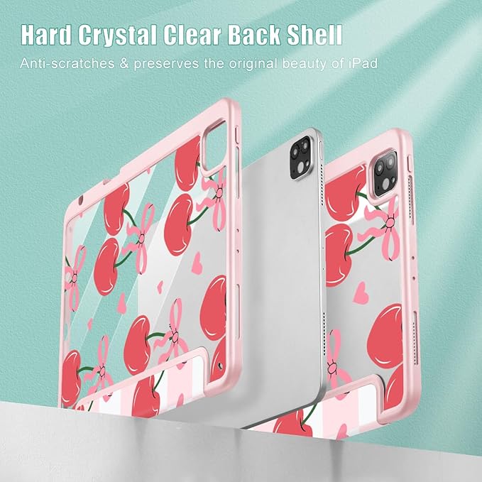 Mektron Case for iPad Pro 11 inch (4th, 3rd, 2nd & 1st Gen) 2022 2021 2020 2018, Buit in Pencil Holder with Shockproof Cover Clear Shell + Trifold Stand + Auto Wake/Sleep, Cherries Bows C353