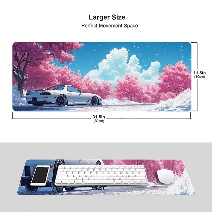 Japanese Anime Desk Pad Mouse Pad Pink Cherry Blossom Trees Car Mousepad XL Large Gaming Mouse Pad Laptop Keyboard Mat Desk Pad 31.5"x11.8" Office Computer Keyboard Laptop Home