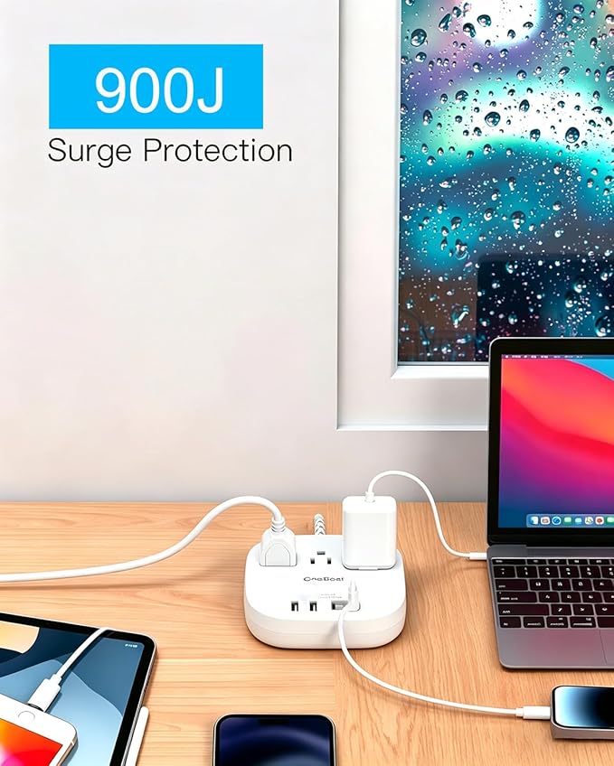 22.5W/4.5A Travel Power Strip with Surge Protector, 3 Outlets with 4 USB Ports (2 USB C), Flat Plug Extension Cord 6 Feet, Desktop USB Charging Station for Home, Office, College Dorm Essentials