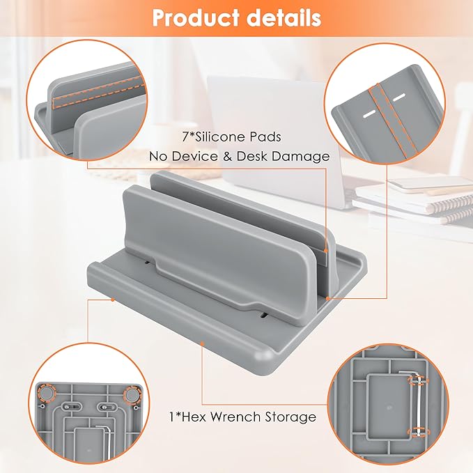 Vertical Laptop Stand, ABS Plastic, Adjustable Dock up to 15 inch PC Desk Space Saver for MacBook/Surface/iPad/mini PC (Space Grey)