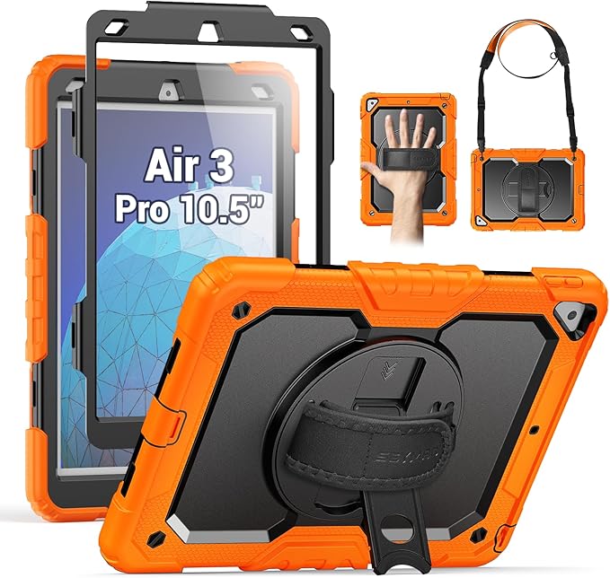 SEYMAC for iPad Air 3/ Pro 10.5 inch Case, Heavy Duty Full-Body Shockproof Protective Case with Screen Protector, 360° Rotating Stand, Hand/Shoulder Strap for iPad Air 3rd Gen, Orange