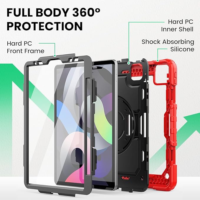 SEYMAC Case for iPad Air 5th/4th Generation 10.9 Inch, Full-Body Heavy Duty Protective Case with Rotating Stand, Screen Protector and Hand/Shoulder Strap for Air 5/ Air 4, Red
