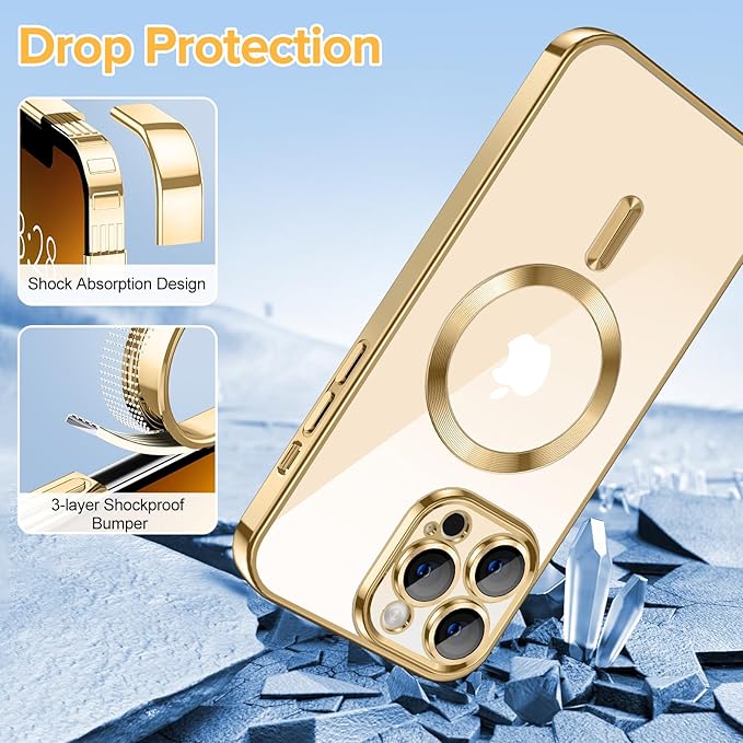 Hython Magnetic Clear for iPhone 13 Pro Case with Camera Lens Protector [Compatible with MagSafe] Luxury Plating Edge Slim Soft TPU Cover Protective Phone Case for iPhone 13 Pro 6.1", Gold