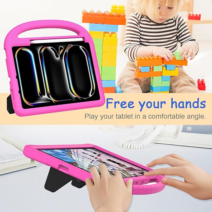 Kids Case for iPad Pro 11" M5 2025/M4 2024 & iPad Air 11" M3 2025/M2 2024, Techcircle Child Shock Proof EVA Protective [Support Pencil Charging] Handle Stand Cover, Pink