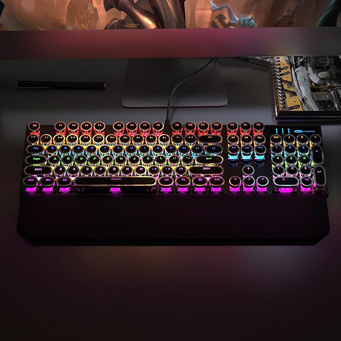 Camiysn Typewriter Style Mechanical Gaming Keyboard, Black Retro Punk Gaming Keyboard with RGB Backlit, 104 Keys Blue Switch Wired Cute Keyboards, Round Keycaps for Windows/Mac/PC