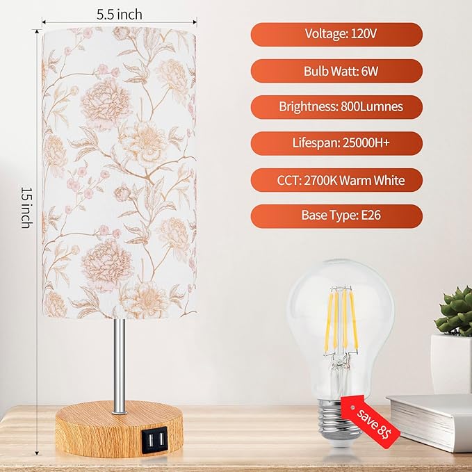 Lolikit Bedside Touch Lamp, Wood Small Table lamp with 2 USB Charging Ports & Flower Fabric Shade, 3-Way Dimmable Nightstand Lamps for Living Room Bedroom Office Reading Desk Home Dorm Pink