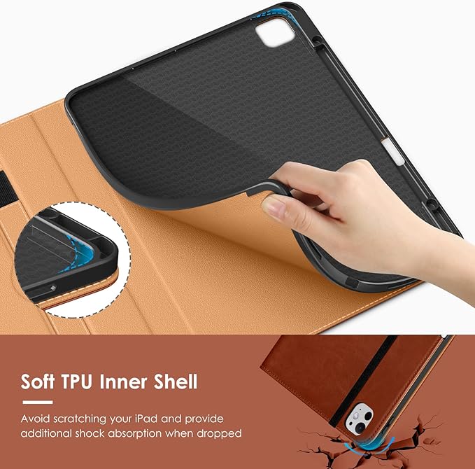 VIKESI Case for iPad Pro 13-inch M5 or M4 Released in 2025 or 2024, Leather Stand Cover with Apple Pencil Holder, Auto Wake/Sleep, Multiple Viewing Angles, Built in Hand Strap & Pocket,Brown