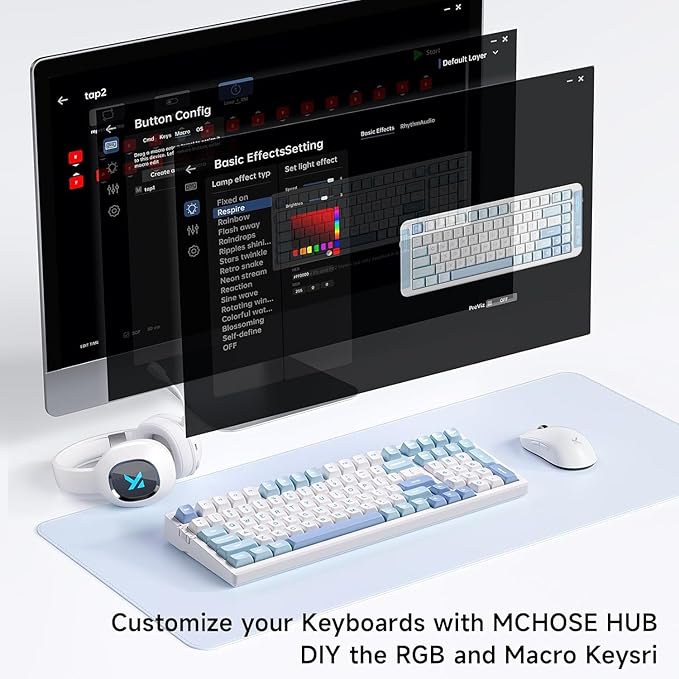 MCHOSE G98 PRO Wireless Gaming Keyboard, Tri-Mode Connection Mechanical Keyboard, Hot Swappable Custom Gasket Structure, Pre-lubed Linear Switches, Double Shot PBT Keycaps, RGB LED Backlit, Blue&White