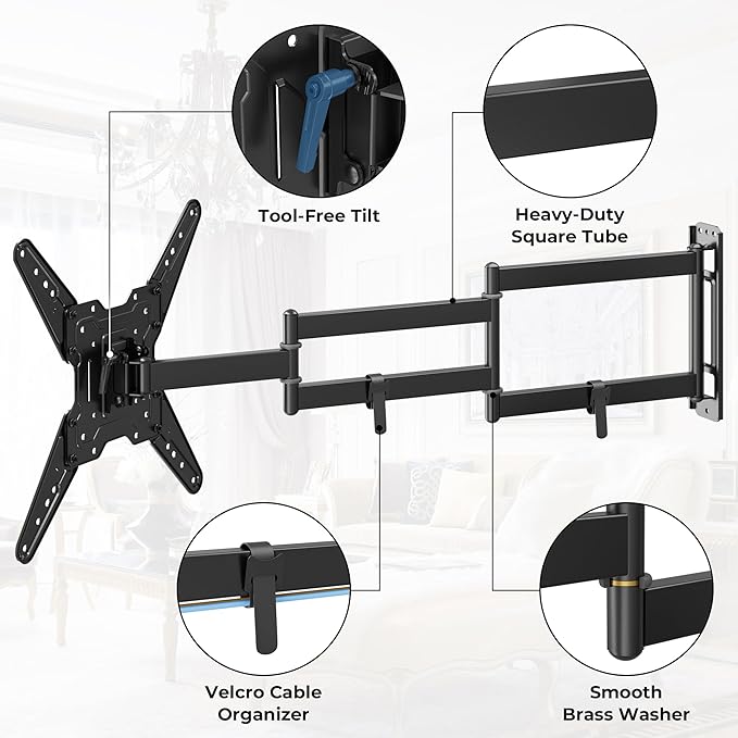 BONTEC TV Wall Mount for 26–65 Inch Flat and Curved Screens with 37.4 Inch Long Extension, Full Motion Swivel Design, Heavy Duty Bracket for Corner or Monitor Setup, Max VESA 400x400, Holds 77 lbs