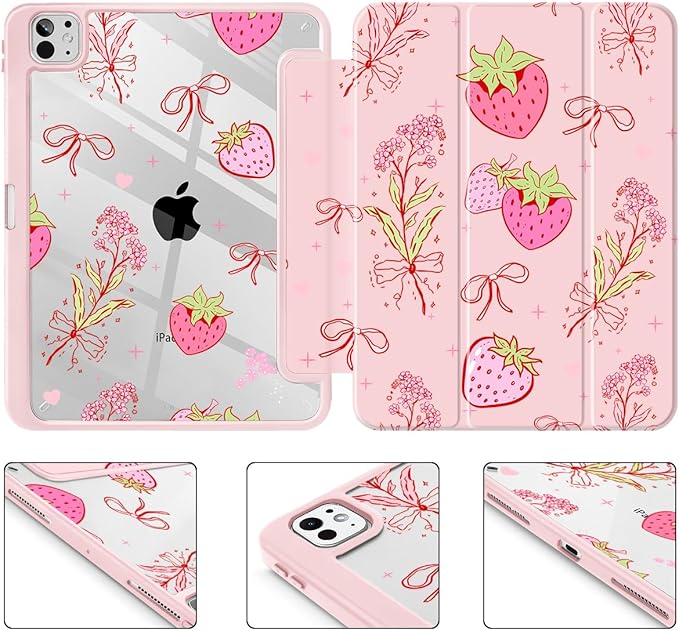 May Chen for iPad Pro 13 Inch Case M5 2025 / M4 2024, Built Pencil Holder & Clear Transparent Print Back Shell Slim Stand Shockproof Tablet Cover, Auto Wake/Sleep, Strawberry Bow