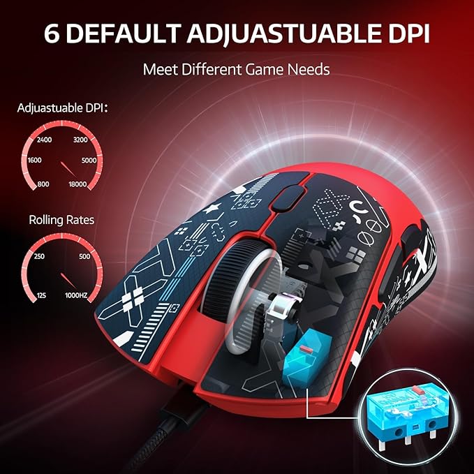 ATTACK SHARK R1 Wireless Gaming Mouse,Tri-Mode Connection (2.4G/Wired/BT5.2),55g Lightweight,18K DPI Optical Sensor,HUYU 20 Million Key Life,Ergonomic Design,for PC/Laptop/Win/Mac(Red+Sticker)