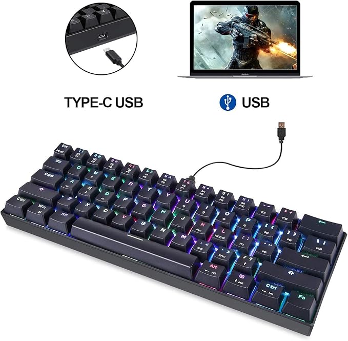 MOTOSPEED 60% Mechanical Keyboard Portable 61 Keys RGB LED Backlit Type-C USB Wired Office/Gaming Keyboard for Mac, Android, Windows（Blue Switch）