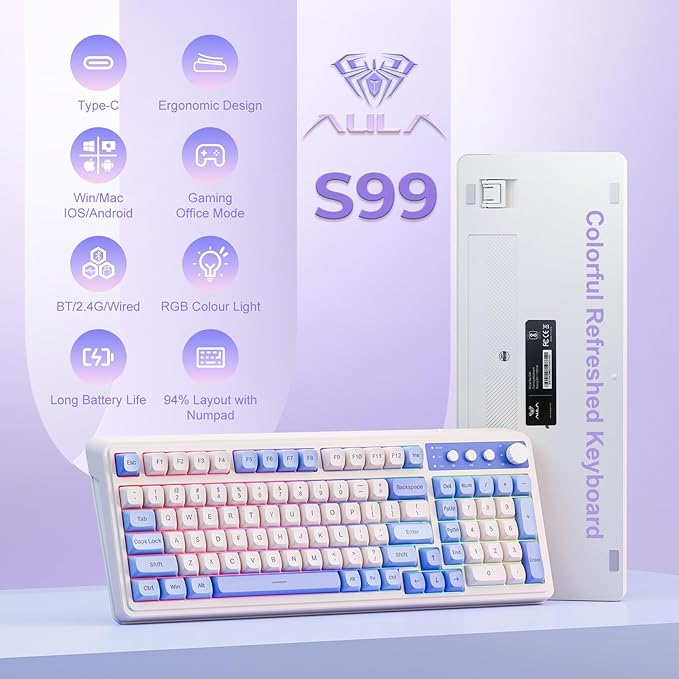 AULA S99 Wireless Keyboard, Tri-Mode Bluetooth/2.4GHz/USB-C Cute Creamy Gaming Keyboard with Number Pad RGB Backlit, Media Knob Custom Computer Keyboards for MAC Xbox PC Gamer - Gradient Purple
