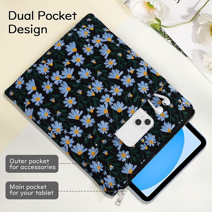 Dadanism 9-11 Inch Embroidered Daisy Padded Carrying Case Protective Tablet Sleeve for iPad A16 11th Gen 11"/10th Gen 10.9", iPad Air 11"/Pro 11"/Air 5th 4th 10.9", Galaxy Tab A11+ Plus 11", Black