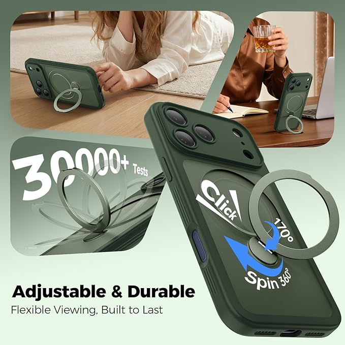 for iPhone 17 Pro Max Case [ 360° Spin Magnetic Stand] [Full Camera Protection] Compatible with Magsafe, 15FT Military-Grade Protection, Translucent Anti-Slip Phone Case 6.9'', Deep Green