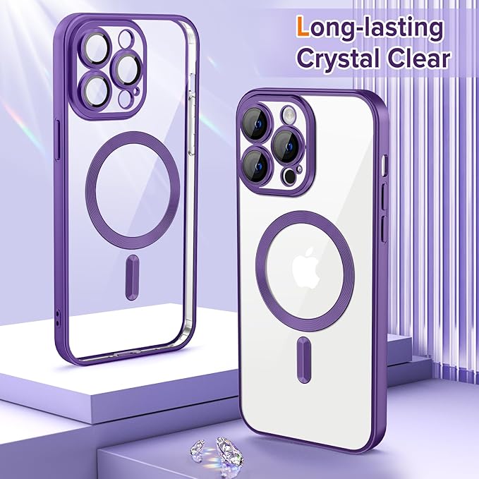 Hython Magnetic Clear for iPhone 14 Pro Case with Camera Lens Protector [Compatible with MagSafe] Luxury Plating Edge Slim Soft TPU Cover Protective Phone Case for iPhone 14 Pro 6.1", Matte Purple