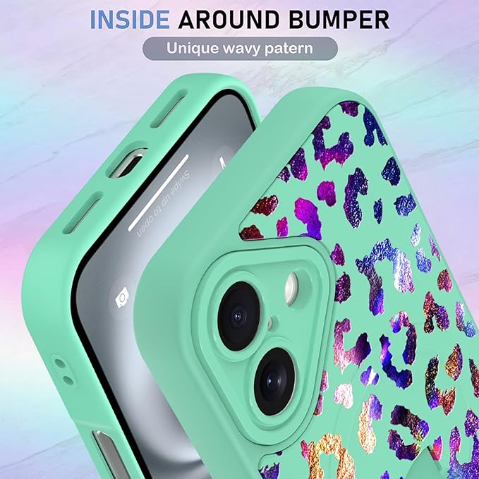 KANGHAR Compatible with iPhone 16 Case, Support for MagSafe, Silicone Cute Iridescent Leopard Cheetah Pattern, Wristband Kickstand Shockproof Protective Slim Cover for Women Girls, Green