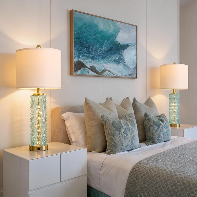 Oneach 27.75" Coastal Table Lamps Set of 2, Clear Blue Bedside Lamp with Glass Nightlight, USB A+C, Unique Desk Lamps for Living Room, Bedroom, Nightstand, End Table (2 Bulbs Included)