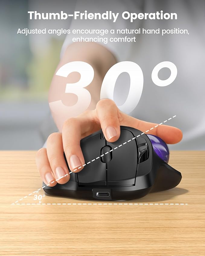 SABLUTE MAM2 Wireless Trackball Mouse with 5-Level DPI, Ergonomic Mouse 2.4G Plug-and-Play for 3 Devices (Bluetooth or USB), 500mAh Battery, Compatible with PC/Laptop/Mac/Windows-Purple Ball