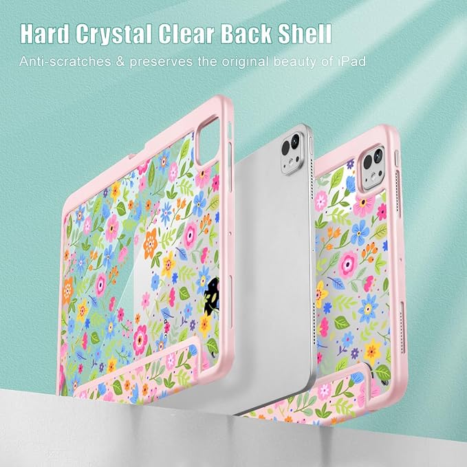 May Chen Case for iPad Pro 11-Inch M5/M4 2025/2024 (6th/5th Generation), Clear Transparent Print Back Shell Slim Stand Shockproof Tablet Cover, Auto Wake/Sleep, Small Flowers
