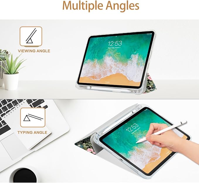 for iPad (A16) 11Th/10Th Generation Case 2025/2022,for iPad Case 11Th/10Th Generation,10Th/11Th Gen Slim Cover Pencil Holder & 2 Viewing Angles & Typing Stand, Colourful Flowers on Black