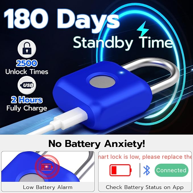 Gym Locker Lock,Smart Fingerprint Padlock with APP Control,Fingerprint Lock USB Rechargeable for Gym Locker,Locker, School,Storage Blue