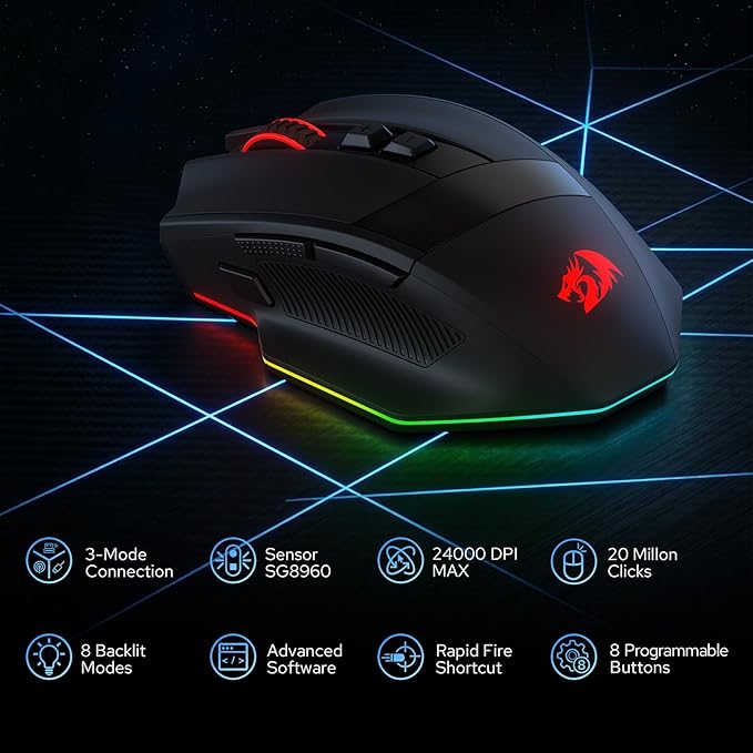 Redragon M923 PRO 3-Mode Wireless RGB Gaming Mouse, Optical Ergonomic Gamer Mouse with Max 24,000DPI, Pro Precision Sensor SG8960, 8 Macro Buttons, Software Supported
