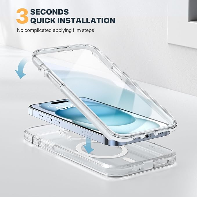 Diaclara Designed for iPhone 15 Plus Case 6.7'', [Compatible with MagSafe] Full Body Rugged Magnetic Case w/Built-in Screen Protector+Glass Camera Lens Protector,Clear-Magnetic