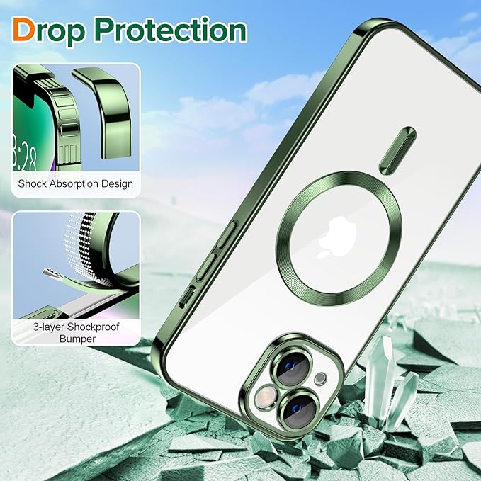 Hython Magnetic Clear for iPhone 14 Plus Case with Camera Lens Protector [Compatible with MagSafe] Luxury Plating Edge Slim Soft TPU Cover Protective Phone Case for iPhone 14 Plus 6.7", Deep Green